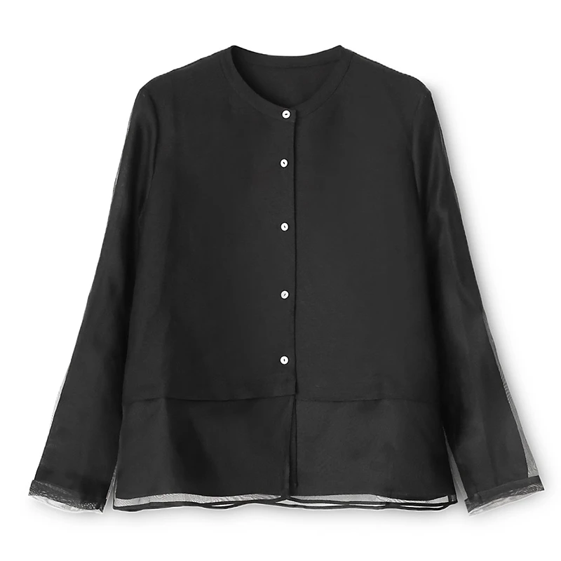 韩版拼接网纱圆领外套开衫女早秋新款松弛慵懒减龄风显瘦大码上衣