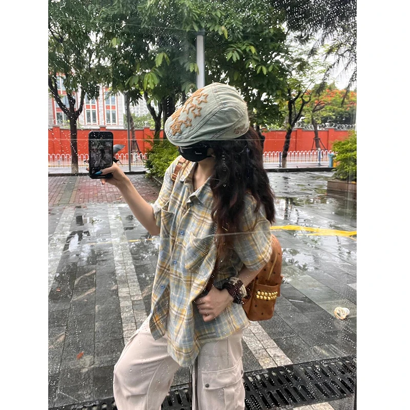 潮牌格子短袖衬衫男2025夏季新款日系复古半袖衬衣青少年潮流外套