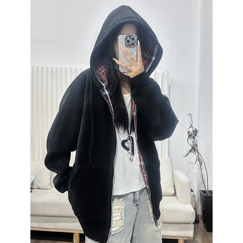 420克重磅美式卫衣男款秋季氛围感连帽外套潮牌复古格子拼接开衫