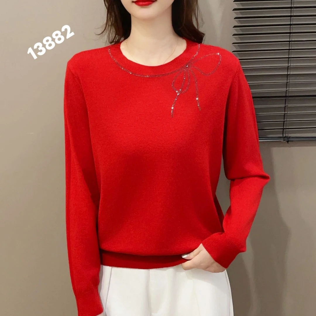 2025冬季新款圆领蝴蝶毛针织衫毛衣洋气保暖打底红色百搭