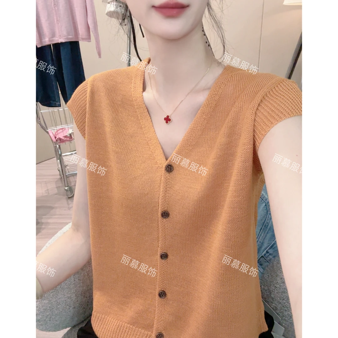 【圆扣V领飞飞袖】夏季薄款欧货圆扣飞飞袖纯色针织开衫短袖1791