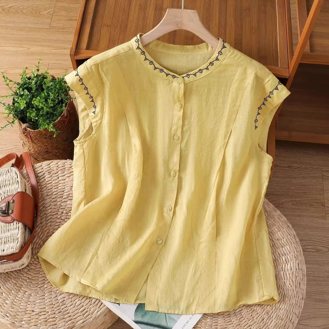 夏装2025新款爆款妈妈无袖麻料衬衫洋气休闲复古中老年气质上衣