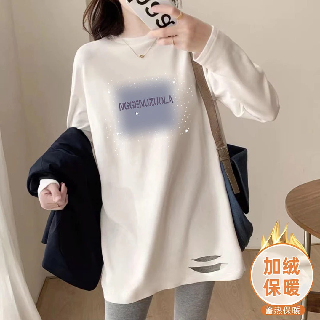 纯棉长款打底衫遮臀长袖t恤女白色加绒保暖内搭秋冬新款宽松上衣
