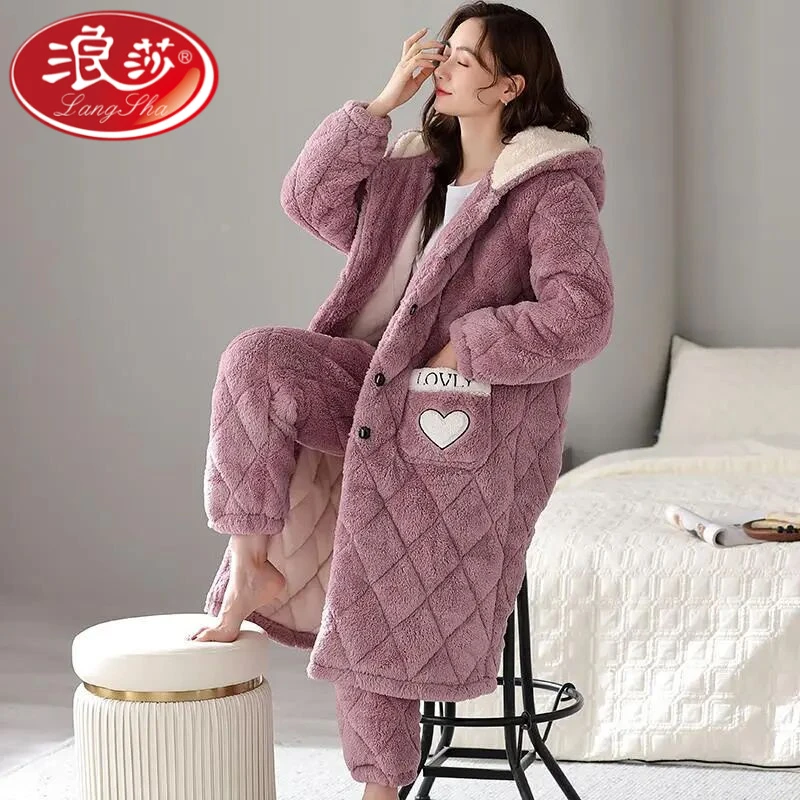浪莎冬季睡衣女三层夹棉袄珊瑚绒睡袍女长款加绒加厚法兰绒家居服