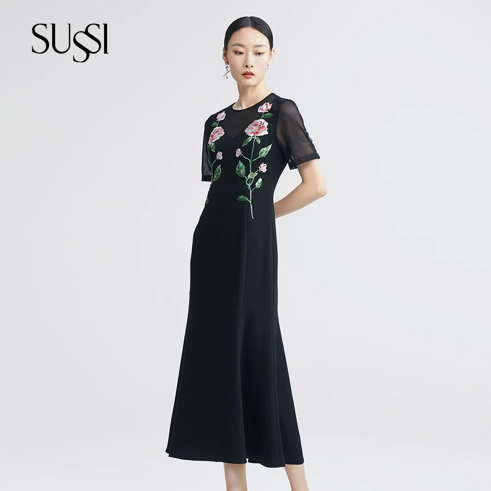 SUSSI/古色夏季商场同款气质醋酸贴花鱼尾高级感连衣裙女装黑色