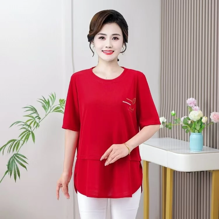 2025夏季新款圆领短袖T恤女胖妈妈宽松大码印花字母薄款半袖上衣