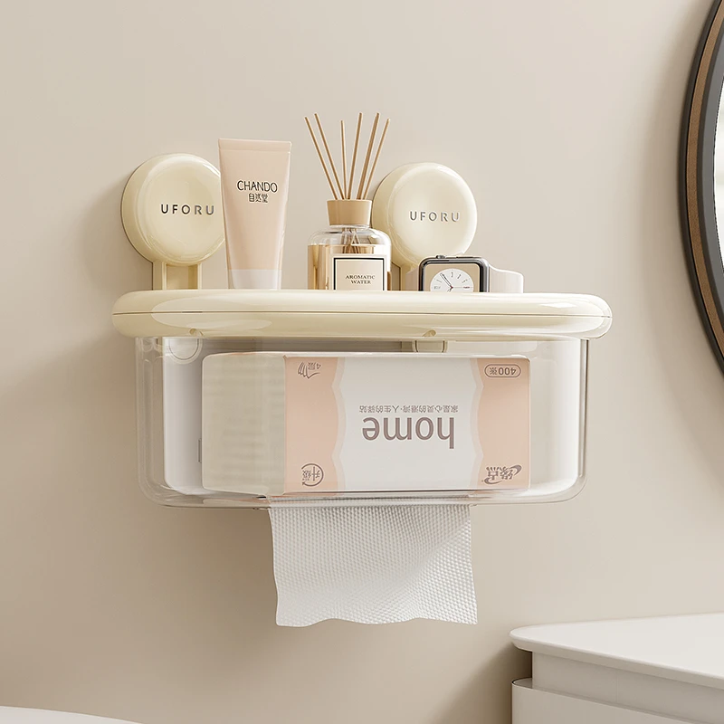 壁挂纸巾收纳盒卫生间新款吸盘防水抽纸盒家用洗手间免打孔置物架