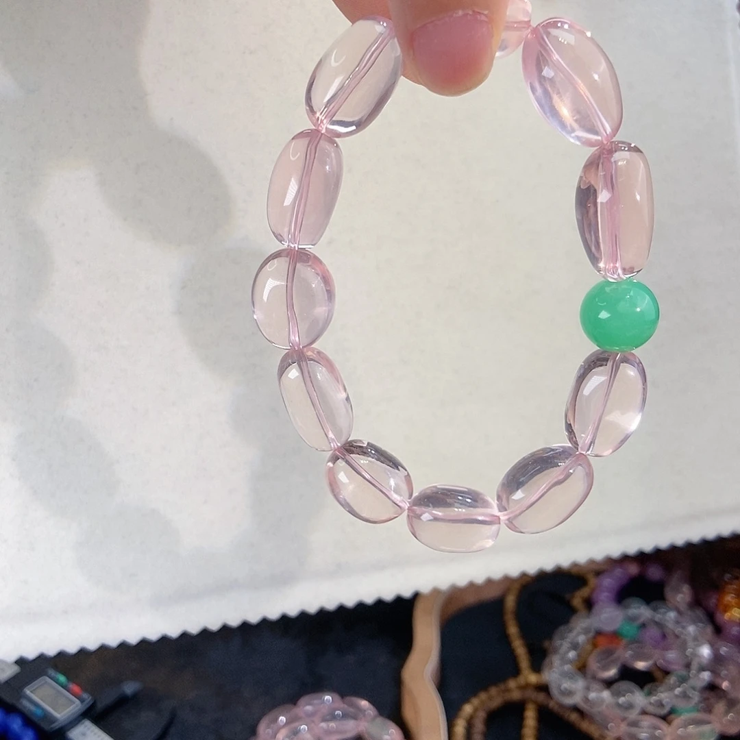 芙蓉石手链未镶嵌星光粉随形配澳玉