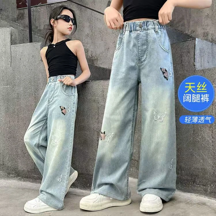 2025女中大童新款洋气蝴蝶玫瑰绣花直筒牛仔裤8356