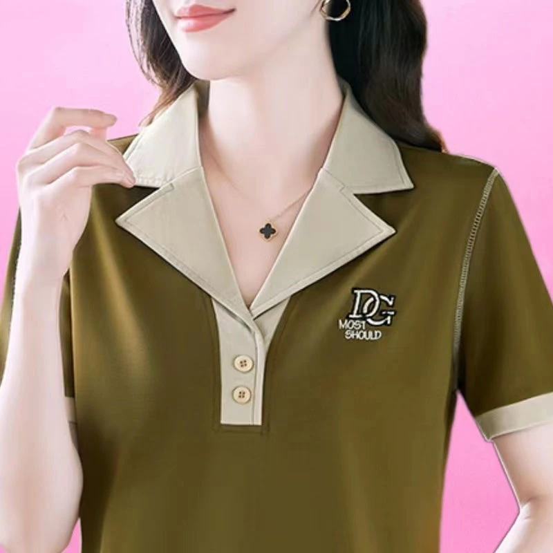 821军绿色夏季女士t恤短袖时尚绣花宽松洋气潮妈妈polo衫休闲上衣