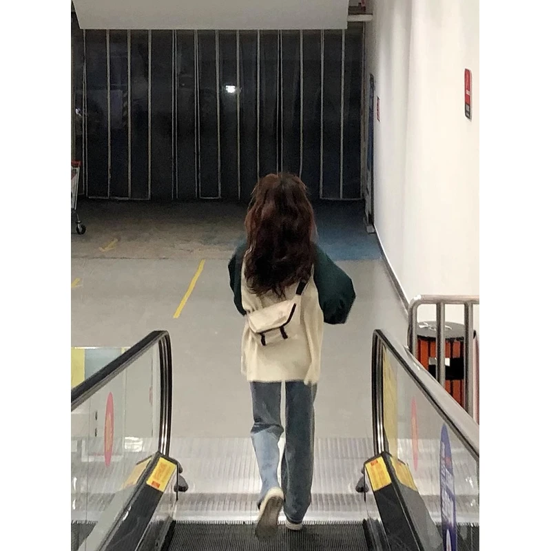 美式撞色拼接长袖纯棉t恤女春秋宽松oversize原宿风情侣休闲上衣