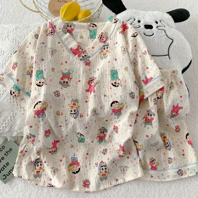 新款棉夏季蜡笔小新睡衣女云朵棉短袖可爱卡通家居服套装可外穿