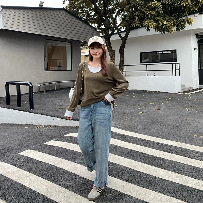 大码女胖mm梨型身材秋冬新款微弹百搭直筒9分小个子牛仔裤