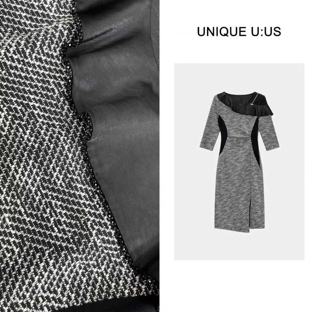 【金雯】设计师荷叶边斜领拼色显瘦气质收腰显瘦连衣裙-250255