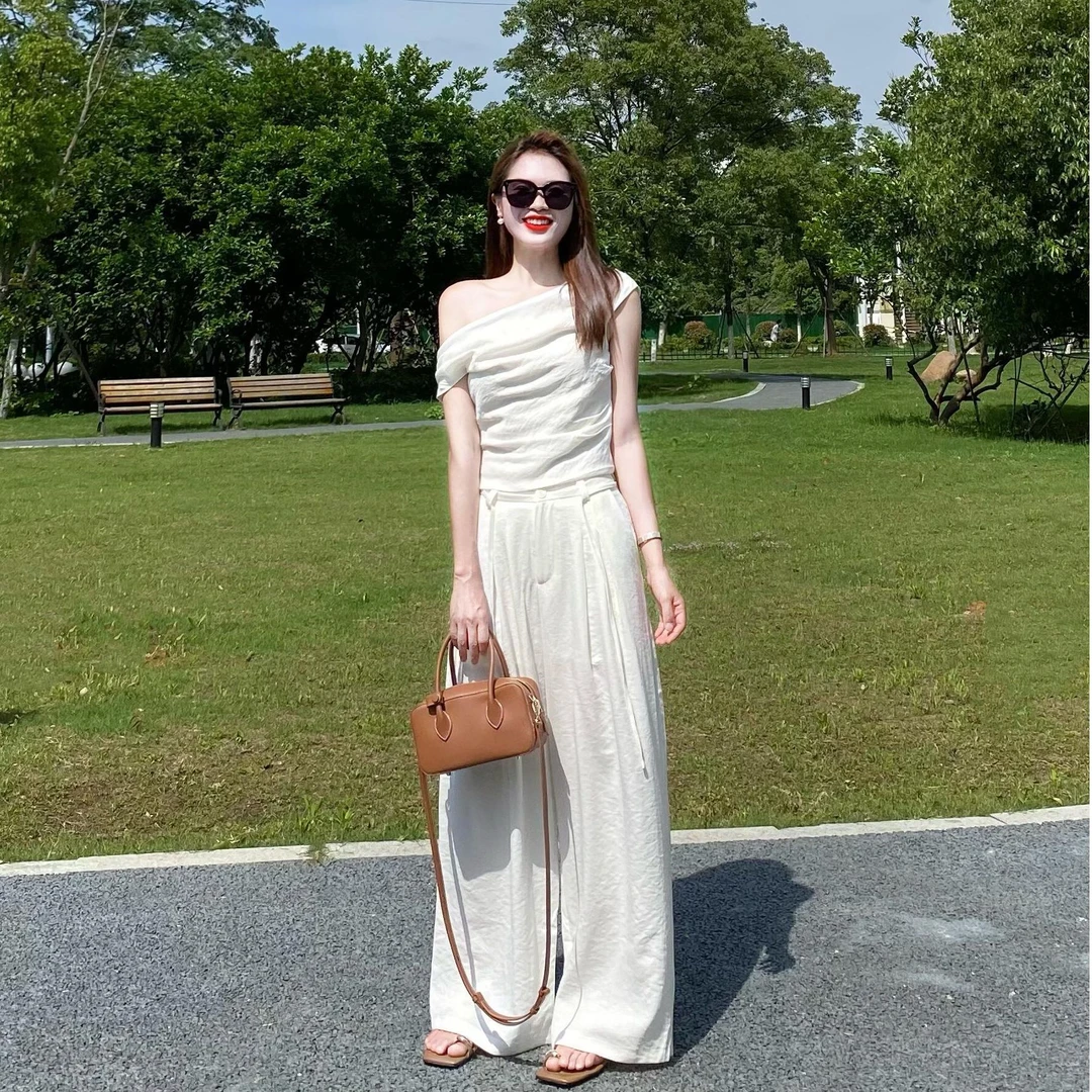 法式时尚套装女夏季韩系气质显瘦斜肩短袖上衣高腰休闲裤两件套