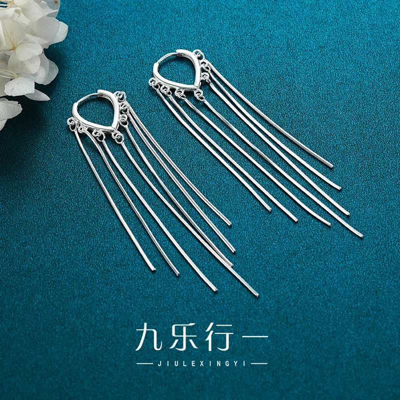 九乐 足银耳饰 流苏线条耳扣