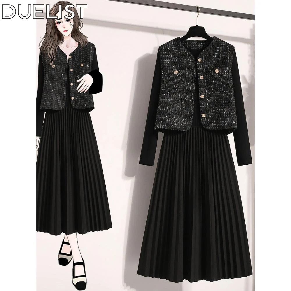 DUELIST高级感连衣裙套装女秋冬胖法式小香风马甲百褶裙两件套潮