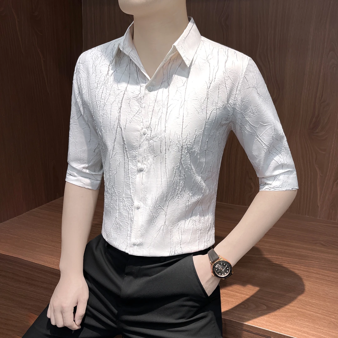 七分袖花衬衫男款爆款2025新款高级感男装褶皱肌理感短袖男士衬衣