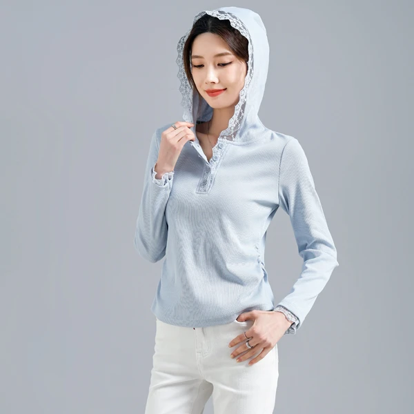 燕苹春季新款休闲少女风修身连帽蕾丝长袖针织T恤打底衫ZQY25-08