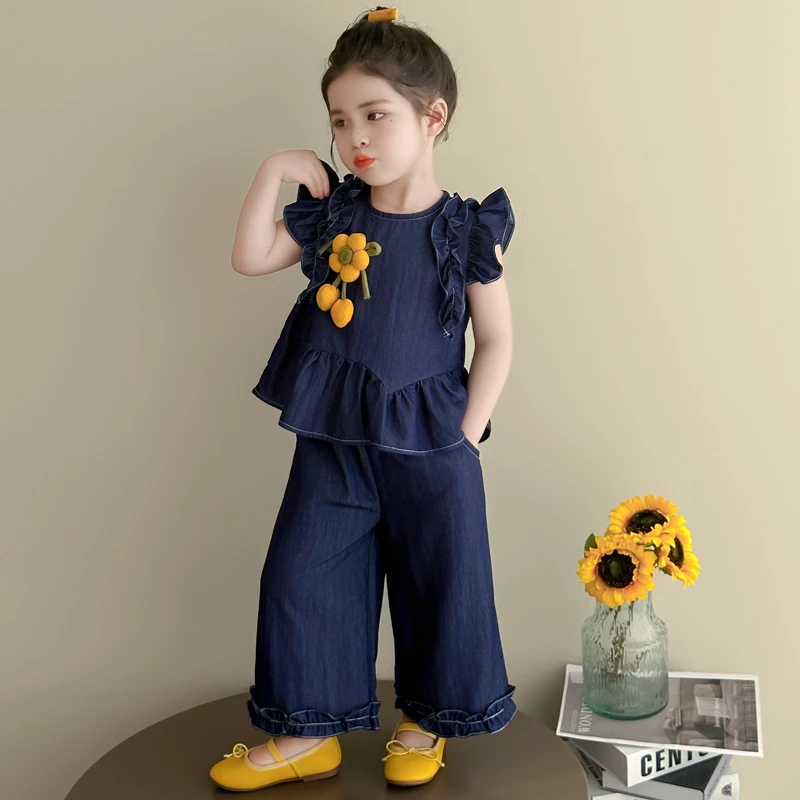 女童夏装套装2025新款洋气儿童飞袖牛仔背心女宝薄款阔腿裤两件套