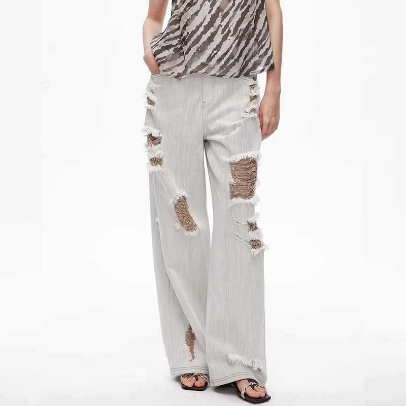 AVVENN2025夏季新品磨破破洞舒适宽松撞色百搭牛仔裤裤子阔腿裤