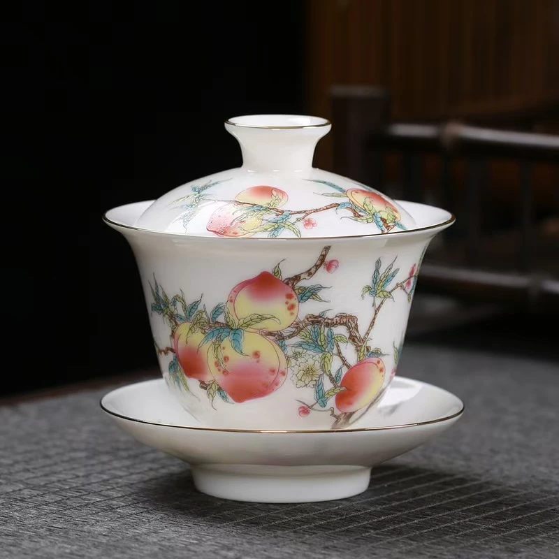 满彩羊脂玉白瓷三才盖碗九桃创意功夫泡茶碗手绘描金陶瓷盖碗茶杯
