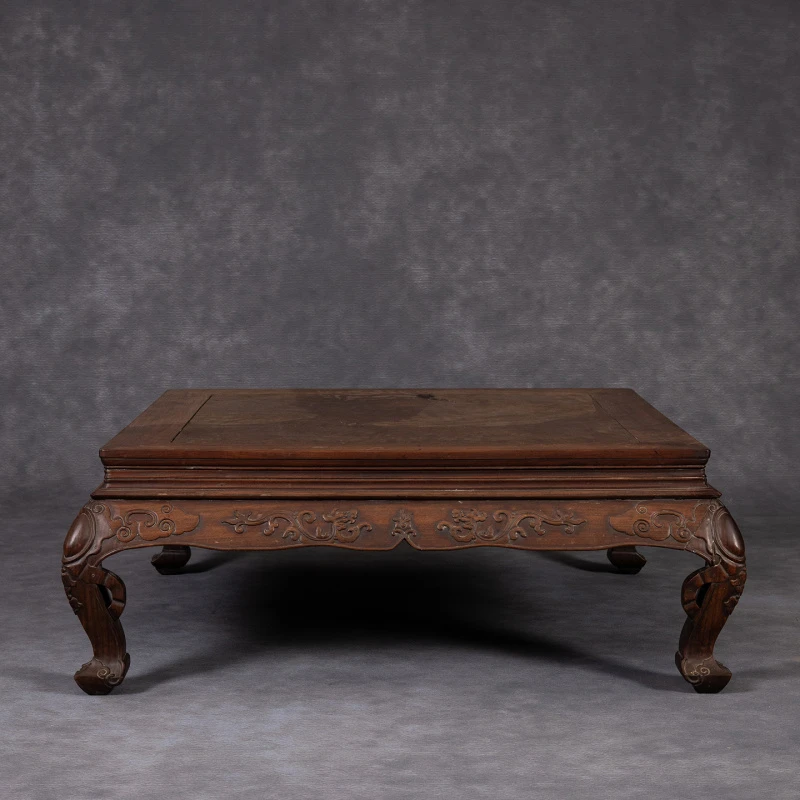 清中期红木镶瘿木束腰三弯腿螭龙纹炕桌古董收藏