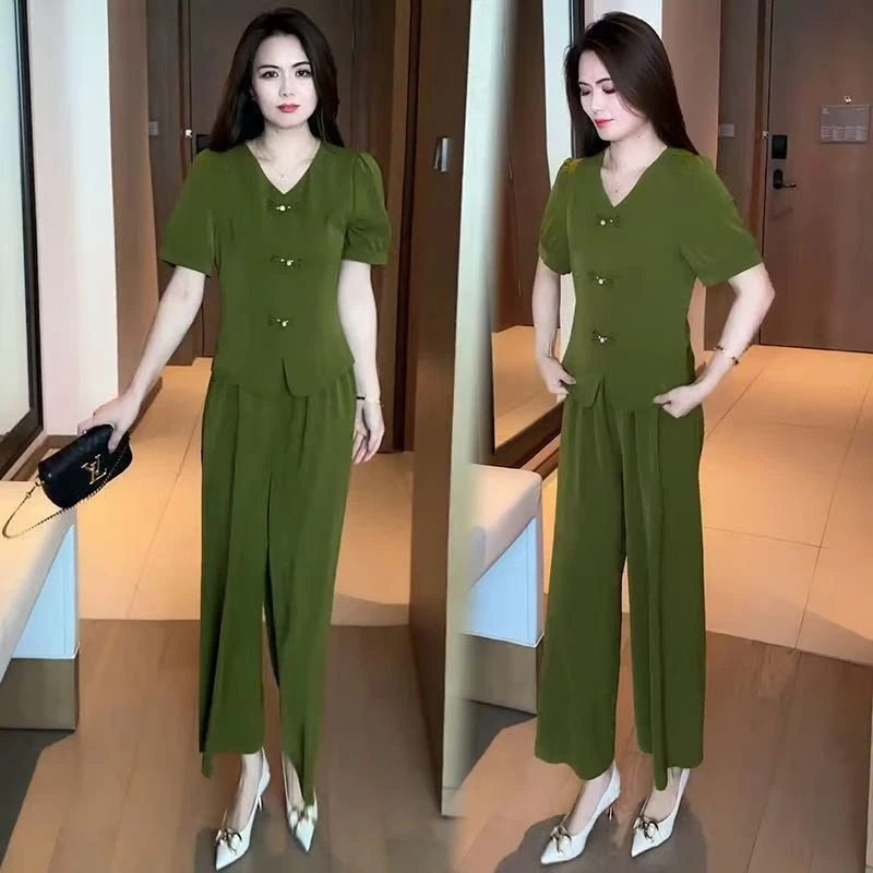 新中式时尚冰丝套装女2025夏季新款洋气显瘦盘扣短袖阔腿裤两件套