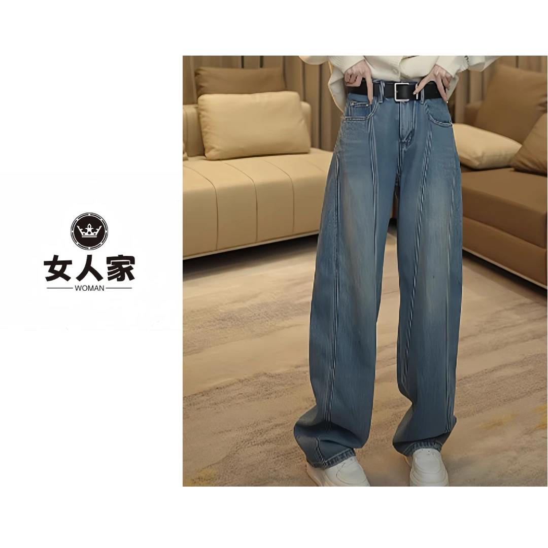 【女人家】6981春季新款韩版休闲弯刀牛仔裤高腰显瘦直筒裤