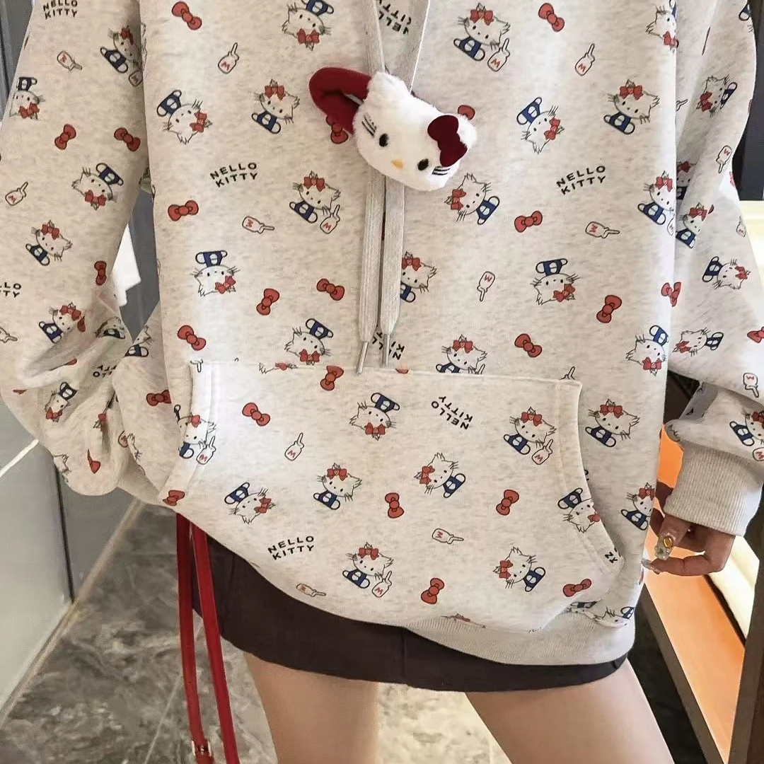 冬季新款加绒加厚满印猫咪连帽卫衣韩版宽松刺绣长袖休闲女