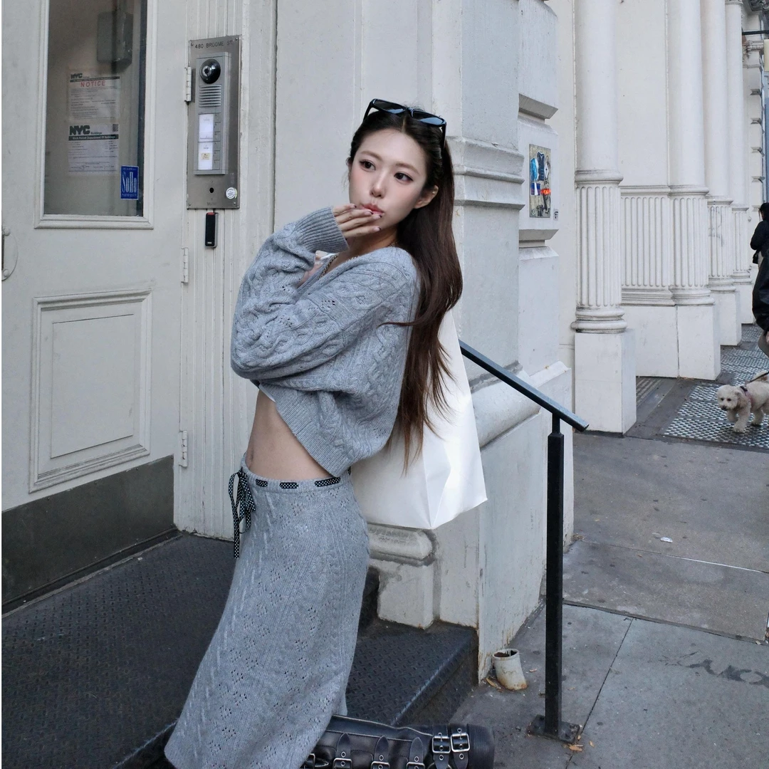 港风套装女复古chic气质短款针织上衣毛衣高腰包臀半身裙两件套潮