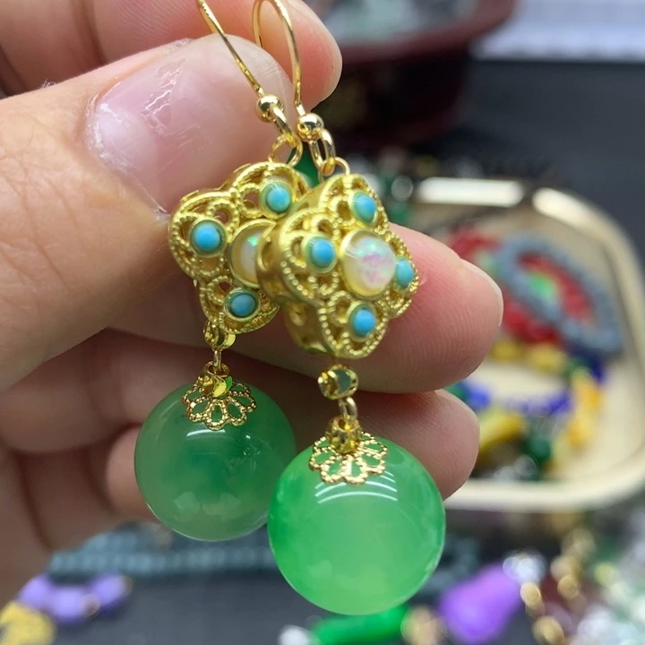 翡翠14K金镶嵌耳饰吊坠