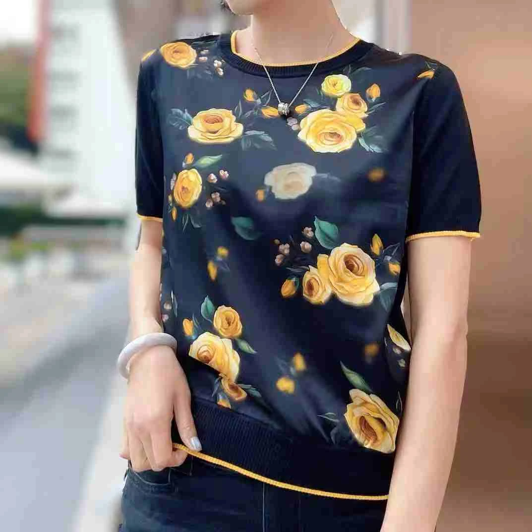 【黄玫瑰】2025春夏SS 25072印花桑蚕丝拼接圆领短袖