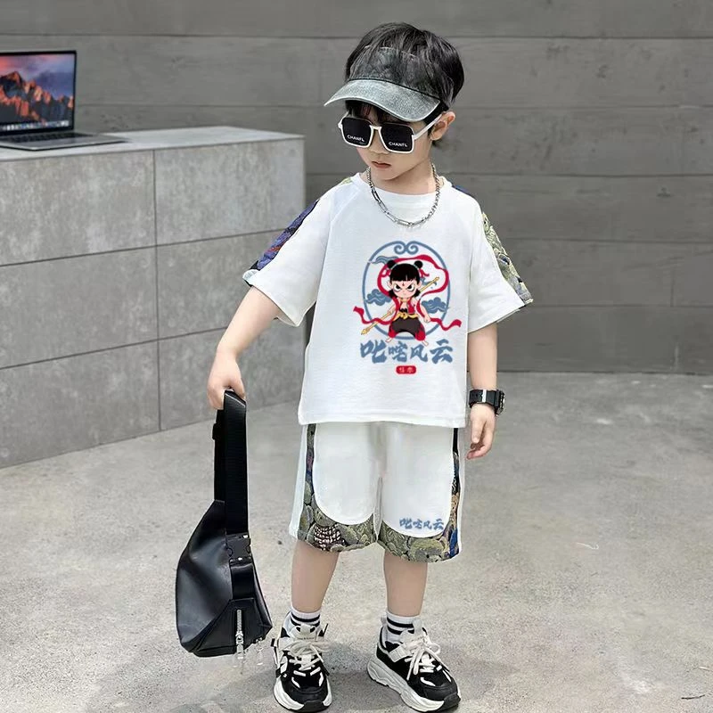 男童中小童短袖休闲套装时髦洋气国风潮牌网红拼接撞色卡通两件套