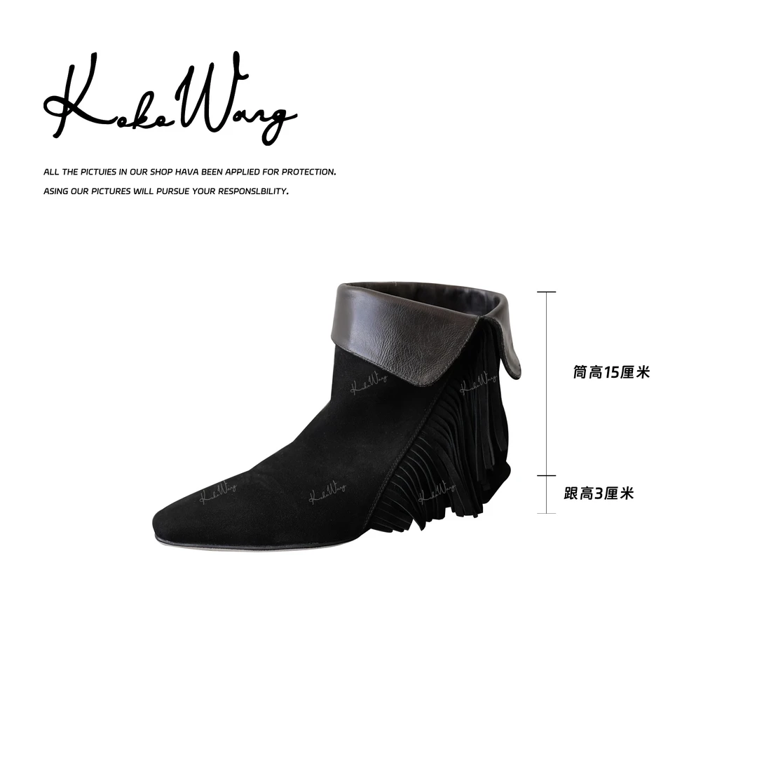 KOKOWANG秋冬新款羊京绒面流苏翻边复古高级百搭短靴 X6775G23X12