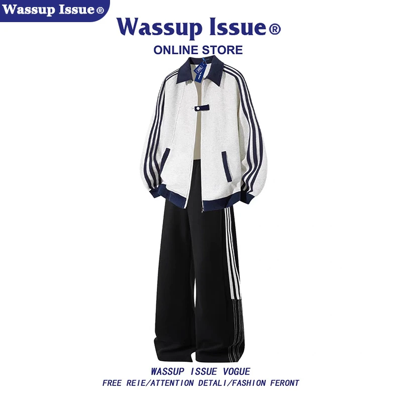 WASSUP ISSUE美式三条杠开衫卫衣男款春秋季宽松休闲夹克外套男