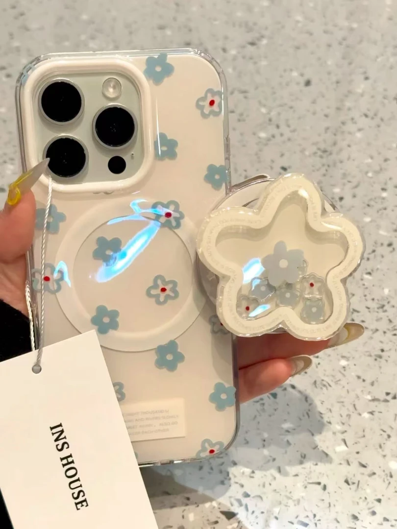ins蓝色线条花朵磁吸适用iphone16promax苹果15pm手机壳14新款13