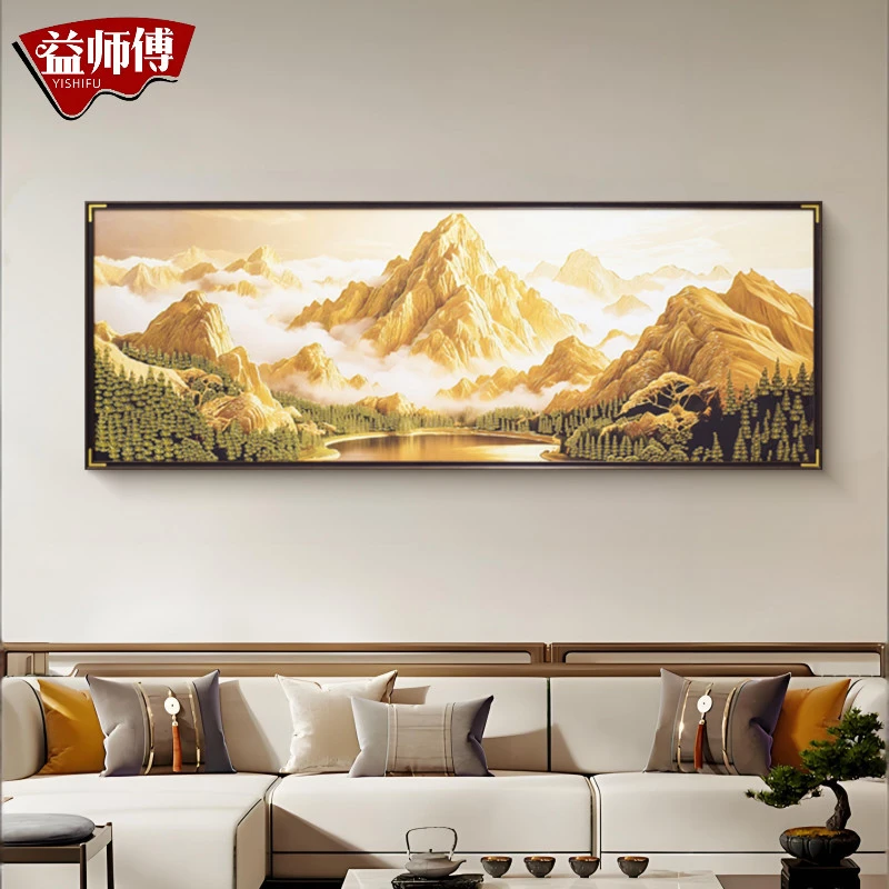 新中式金山聚宝盆客厅横版皮革肌理装饰画走廊过道装饰金山70200