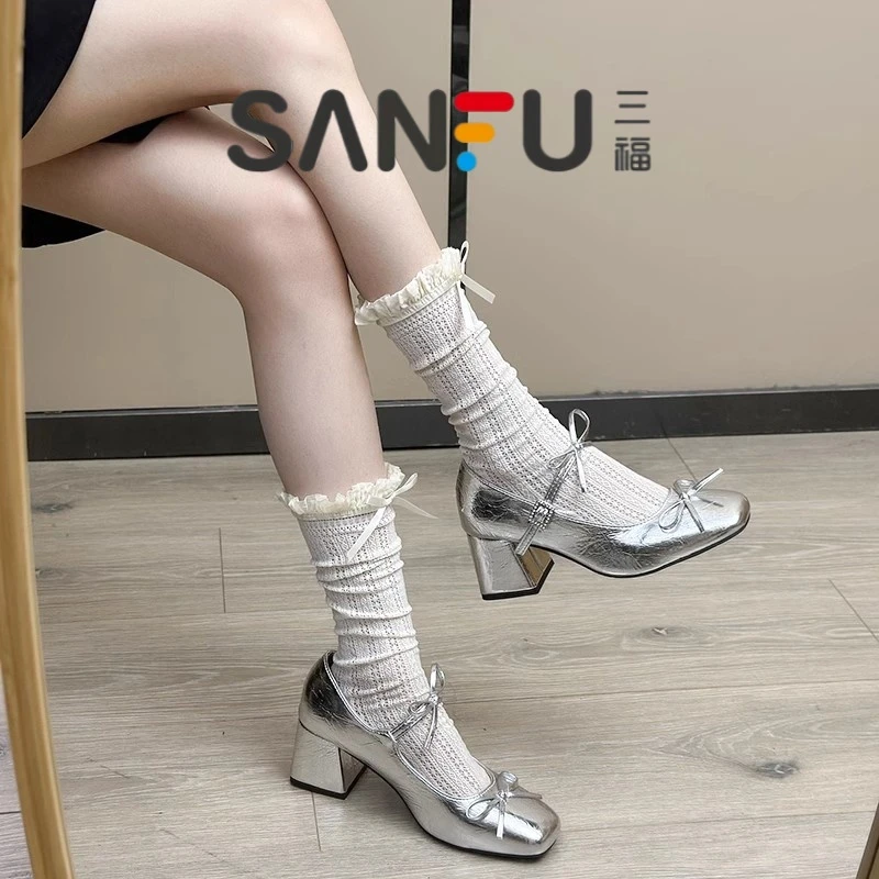 三福高跟鞋银色粗跟玛丽珍单鞋女2025新款春夏季不累脚绝美小皮鞋
