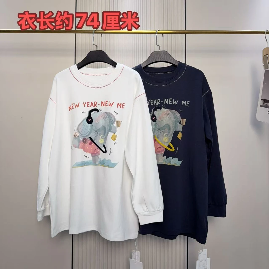 8117耳机卡通象明线圆领宽松长袖T恤