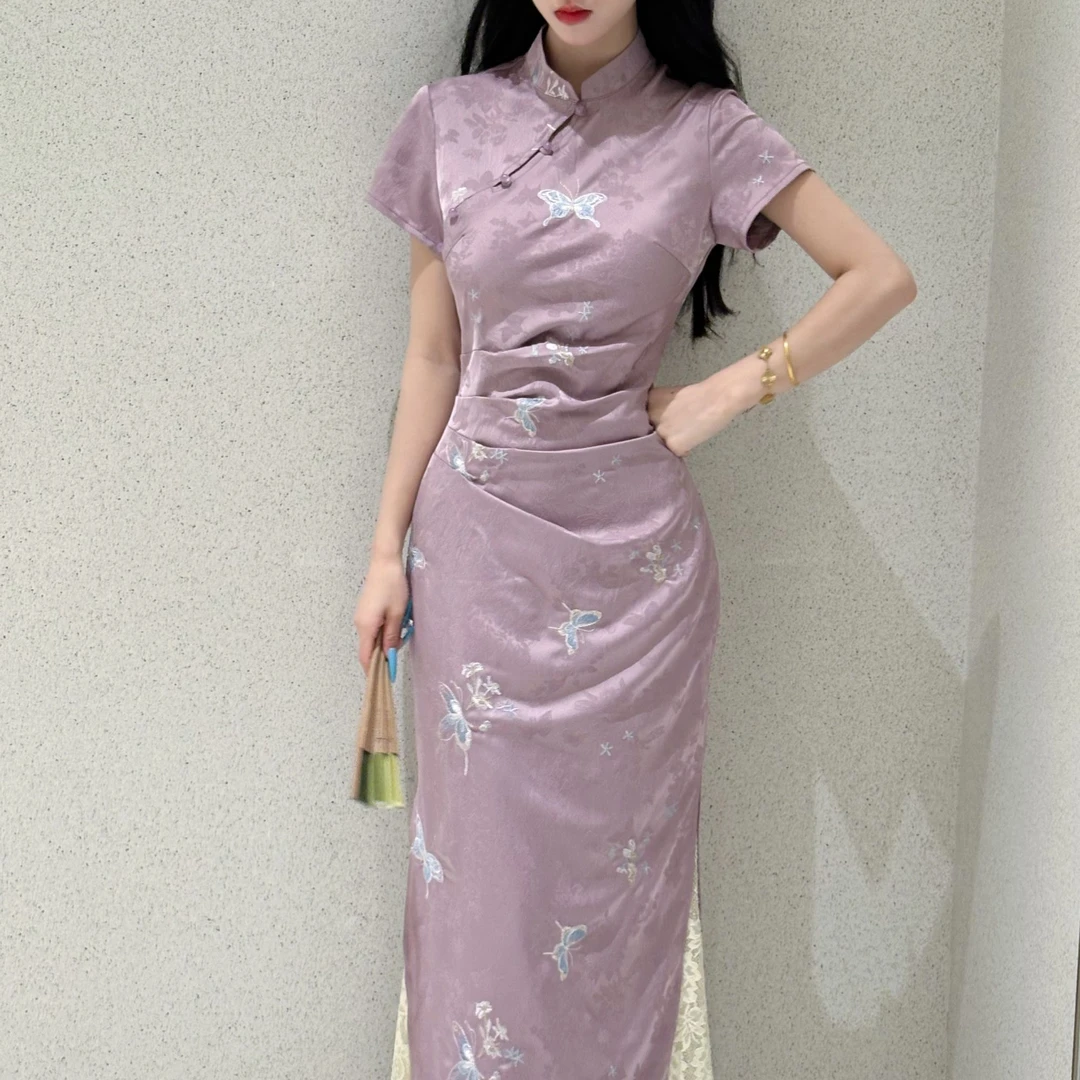 LHMknk1画报夫人原创自制国风甜美刺绣紫色中国风旗袍 蝶落纸上