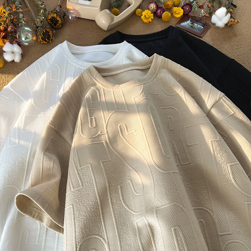 V37美式满印圆领短袖T恤设计感男女款夏季潮牌宽松大码重磅上衣