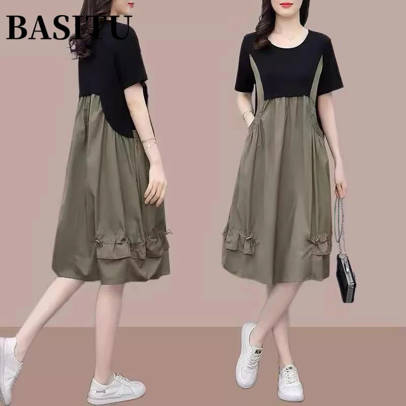 加肥加大码胖mm夏装胖人连衣裙女宽松遮肉显瘦假中长假两件裙子潮