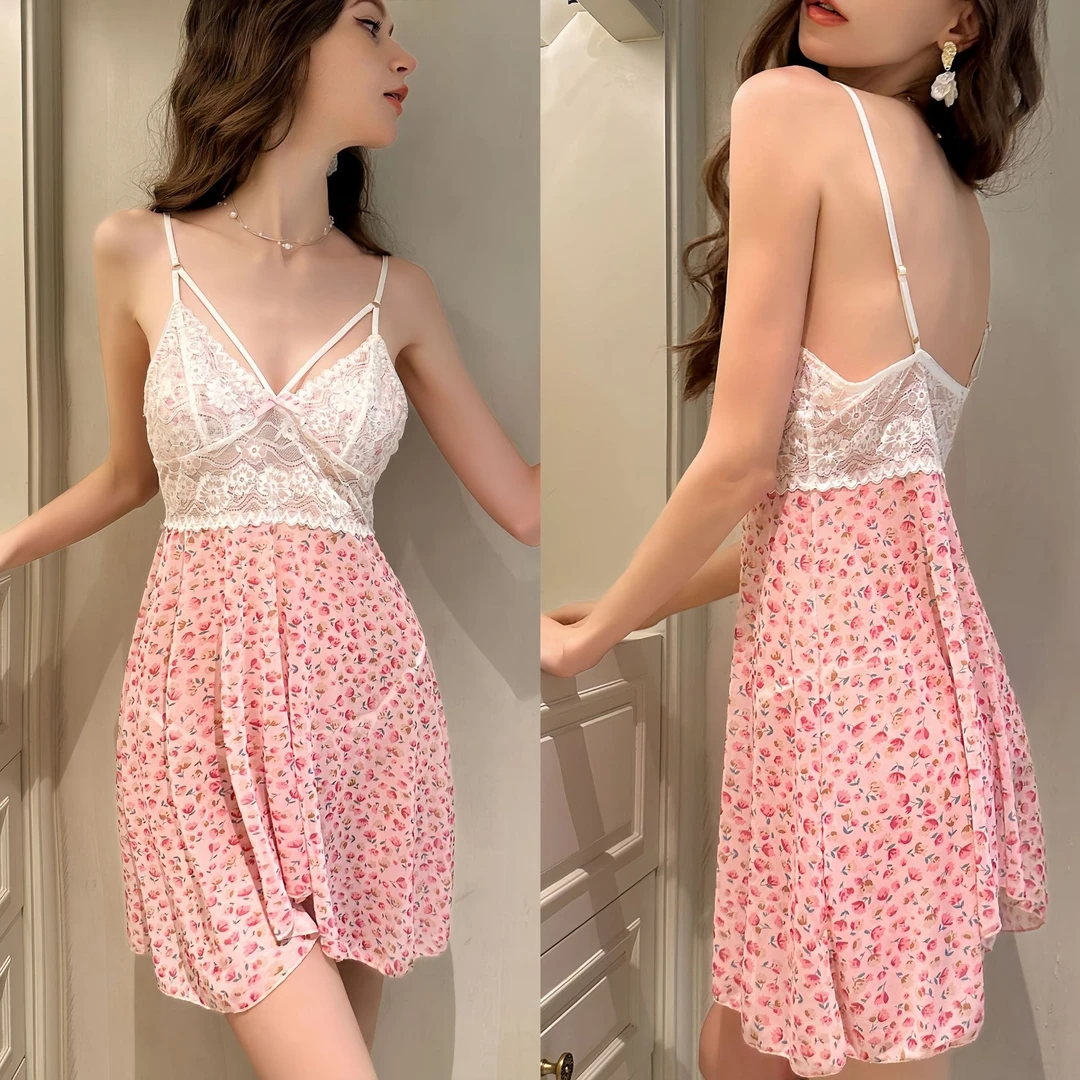 2025新款高级性感睡衣碎花睡裙纯欲蕾丝露背吊带裙可外穿连衣裙女