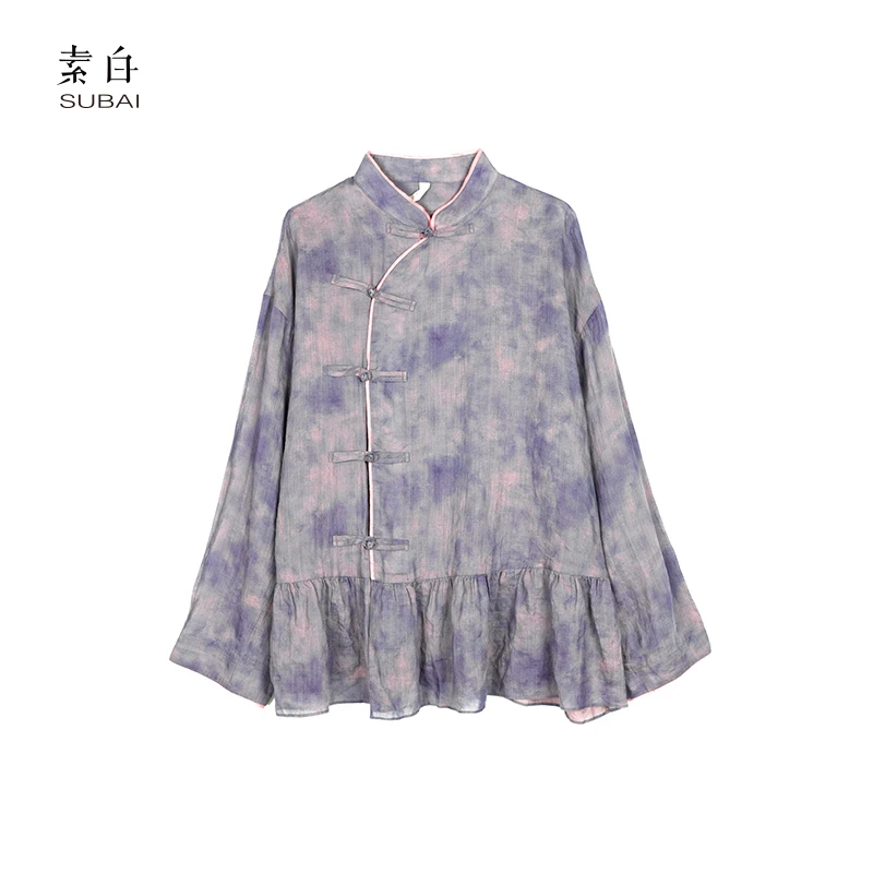 素白【青霞】亚麻国风晕染印花长袖上衣SB2412CP00871