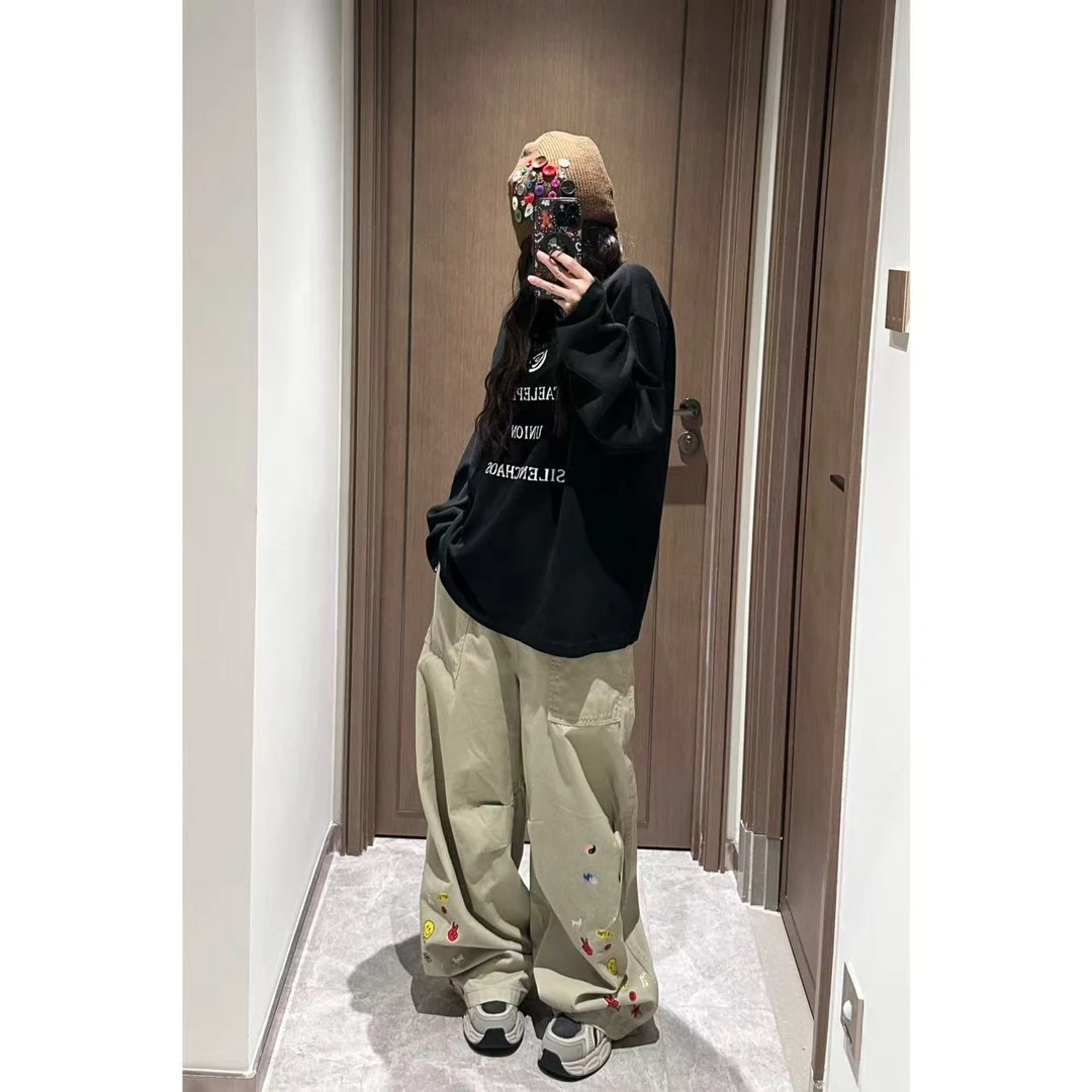 2025潮牌美式做旧水洗直筒牛仔裤男女复古宽松潮牌阔腿百搭长裤