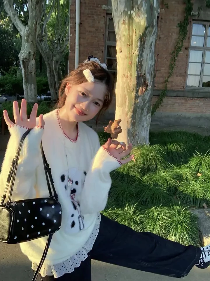 韩系甜美温柔风上衣女2025新款软糯宽松百搭针织衫宽松阔腿裤套装