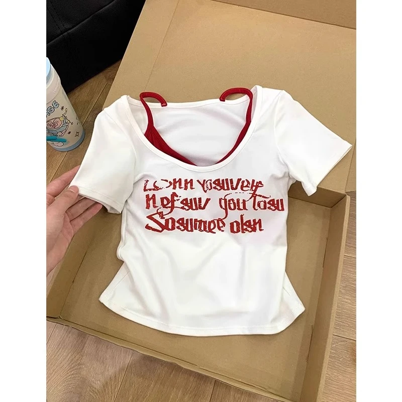 美式辣妹假两件带胸垫短袖t恤女夏季修身设计感小众显瘦百搭上衣