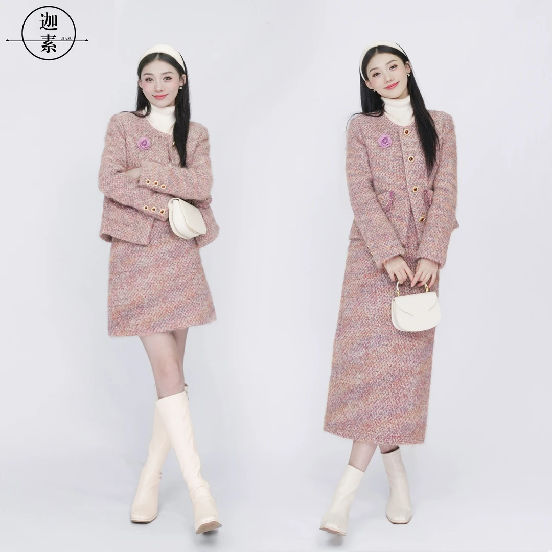 迦素JIASU2024冬季气质时尚羽绒套装两件套裙子小香风套装S423