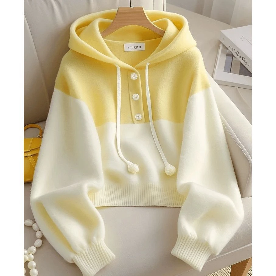 连帽慵懒高级卫衣2025秋季新款复古黄女装宽松大码超好看针织上衣
